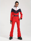 Women's Gsou Snow Retro Belted Color-Blocked Flare One Piece Ski Suit